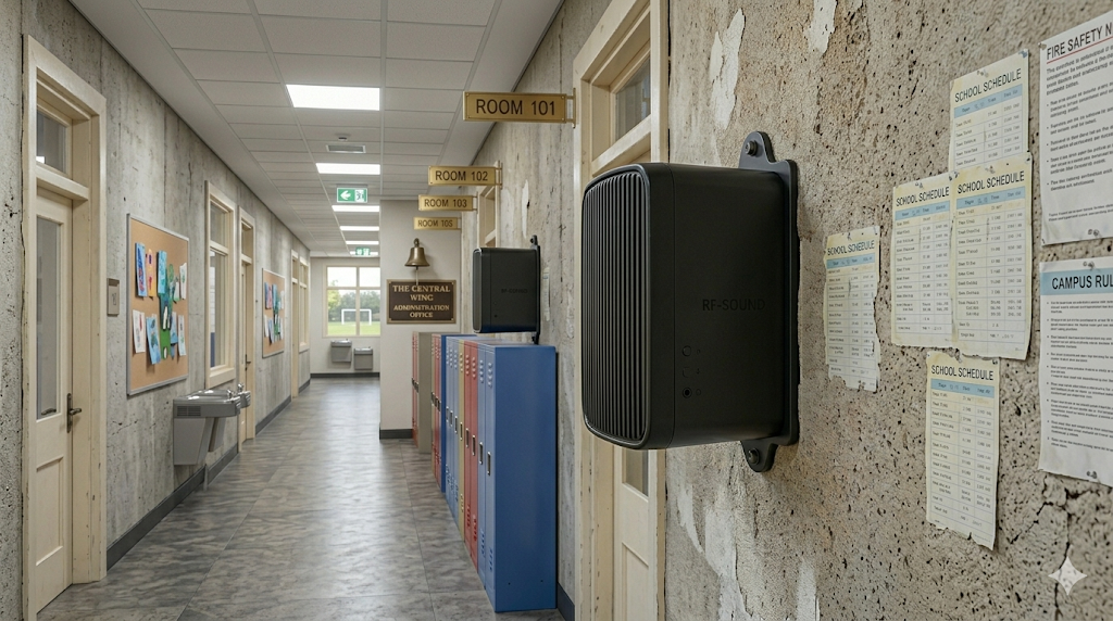 Speaker unit installed in a school hallway